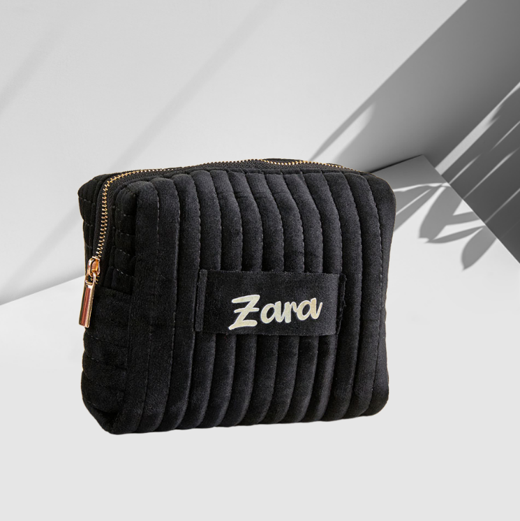 Personalized Name Black Velvet Makeup Bag – Custom Cosmetic Pouch Birthday & Valentine’s Day Gift