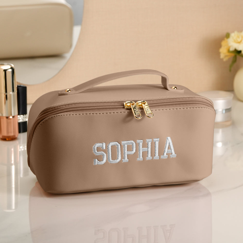 Personalized PU Leather Waterproof Makeup Bag with Embroidery Name Cosmetic Bag Travel Accessory Birthday Wedding Gift for Her