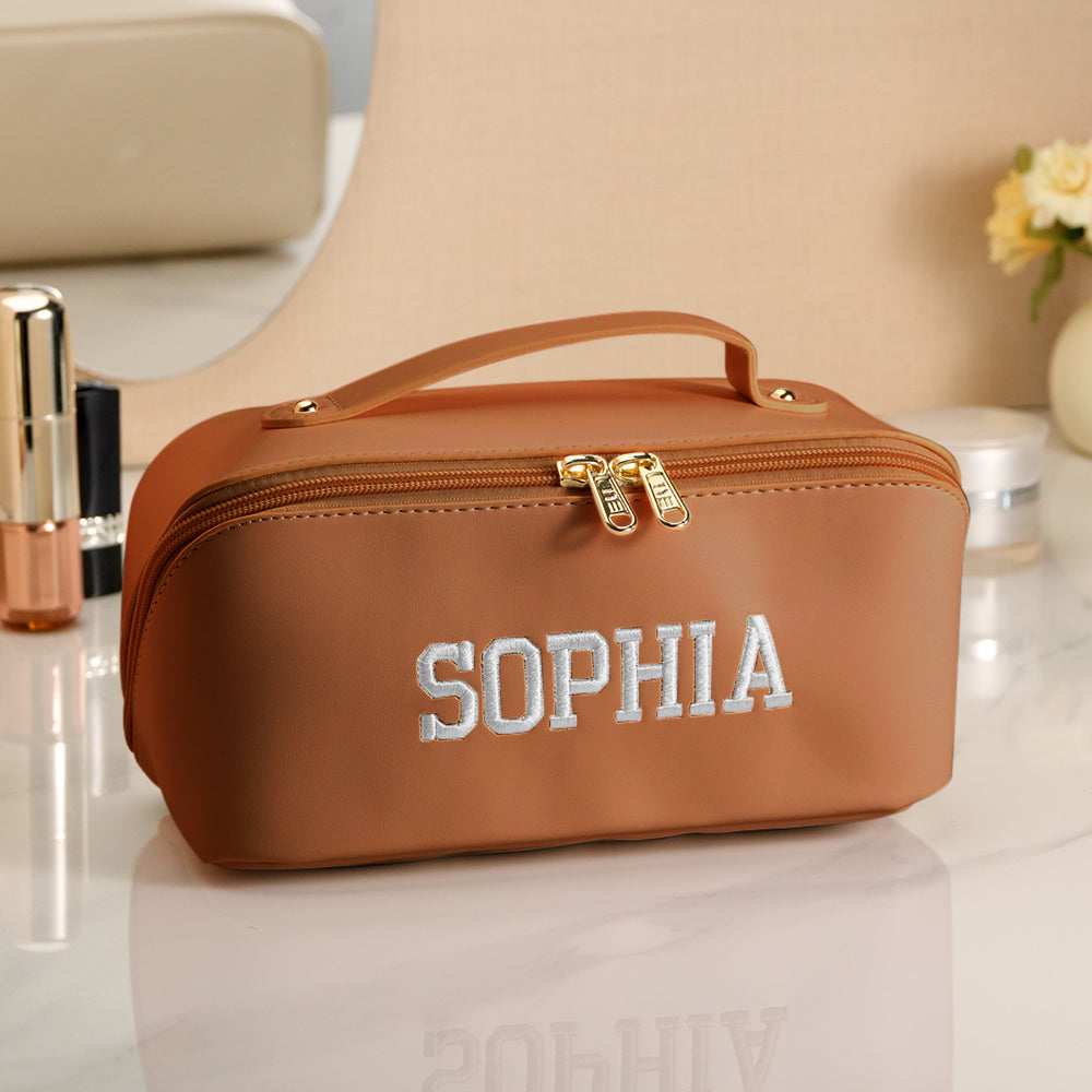 Personalized PU Leather Waterproof Makeup Bag with Embroidery Name Cosmetic Bag Travel Accessory Birthday Wedding Gift for Her