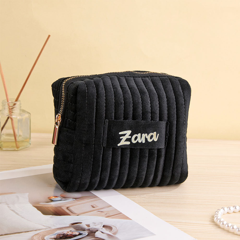 Personalized Name Black Velvet Makeup Bag – Custom Cosmetic Pouch Birthday & Valentine’s Day Gift