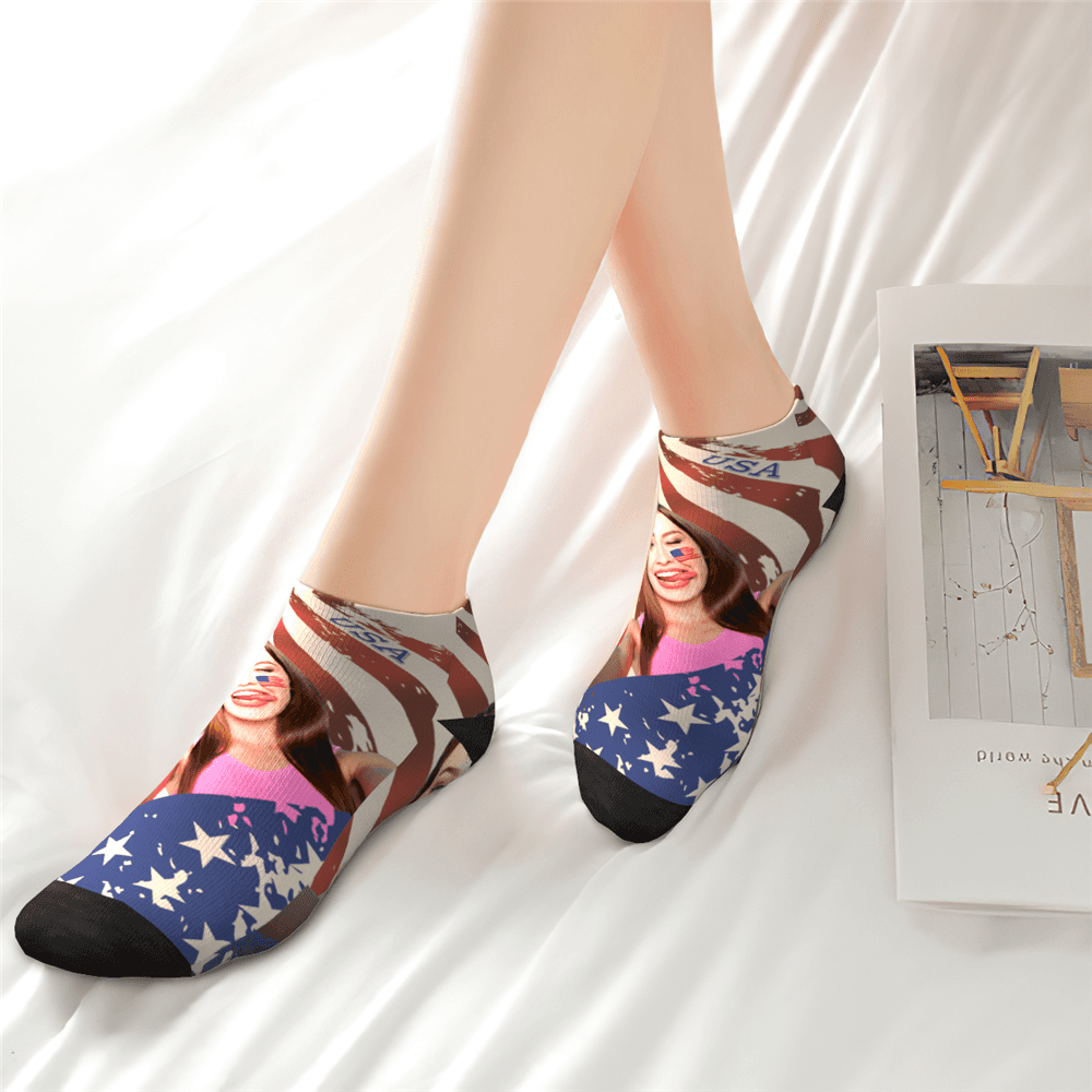 Custom Face USA Flag Socks Mid-Length Socks Personalized Creative Independence Day Theme Gift