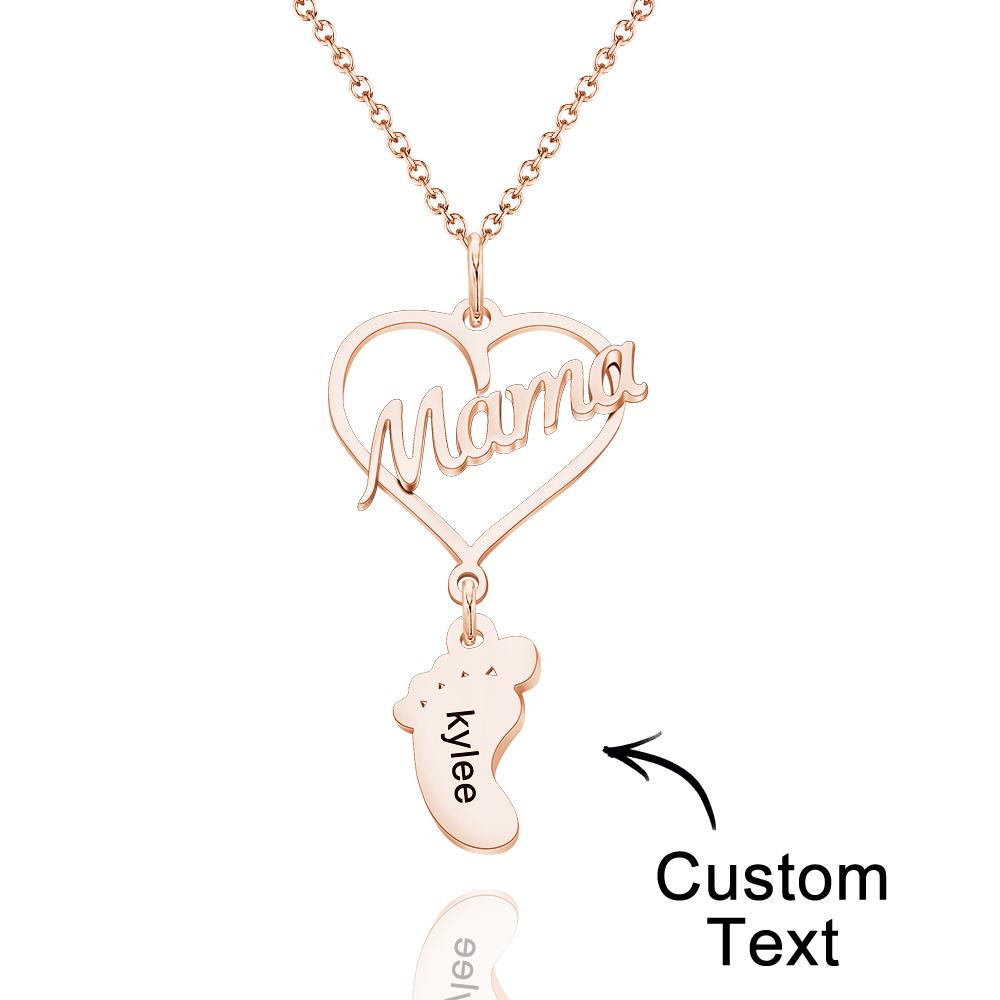Custom Engraved Name Necklace Love MaMa Heart Baby Feet Charm